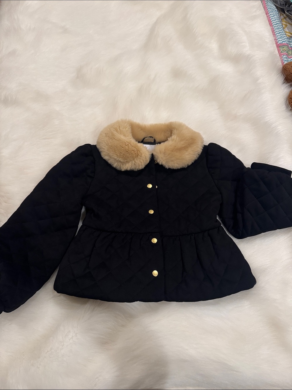 Janie and Jack Black Quilted Jacket with Beige Faux Fur Collar
